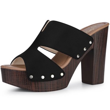 BLISSFUL STEP Women's Platform High Block Heel Slides Sandals Black (Size 9.5)