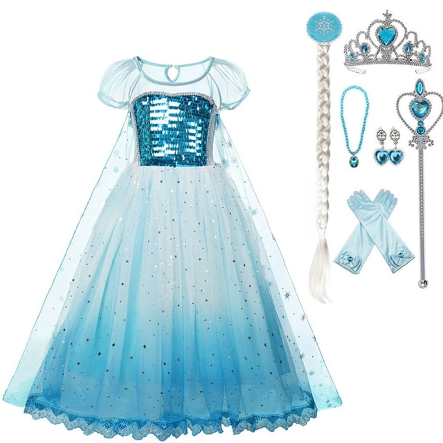 HAWEE Snow Queen Princess Elsa Costumes Princess Dress Up Party Cosplay Costume with Cape