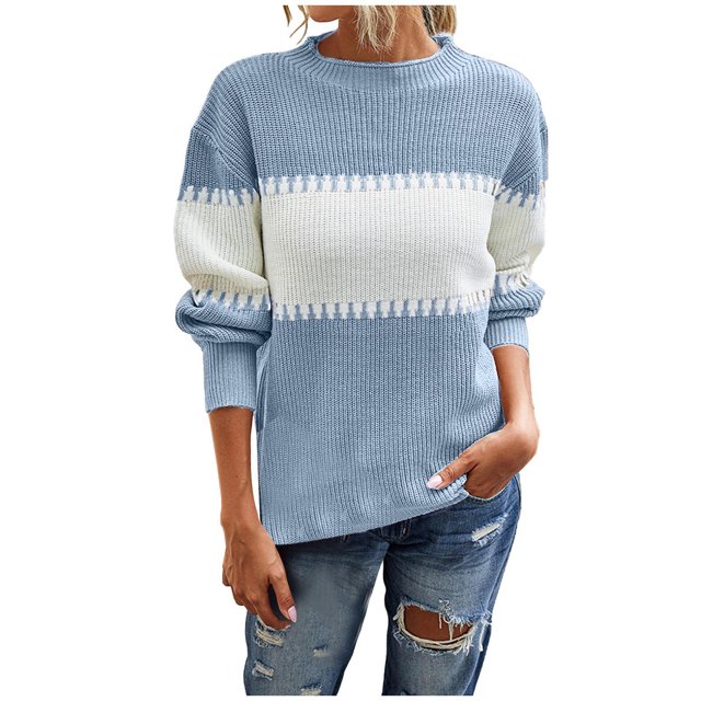 IROINID Chandail à Col Rond pour Femmes, Bloc de Couleur, Décontracté, Mi-Long, Manches Longues, Haut Assorti, Blouse Tricotée