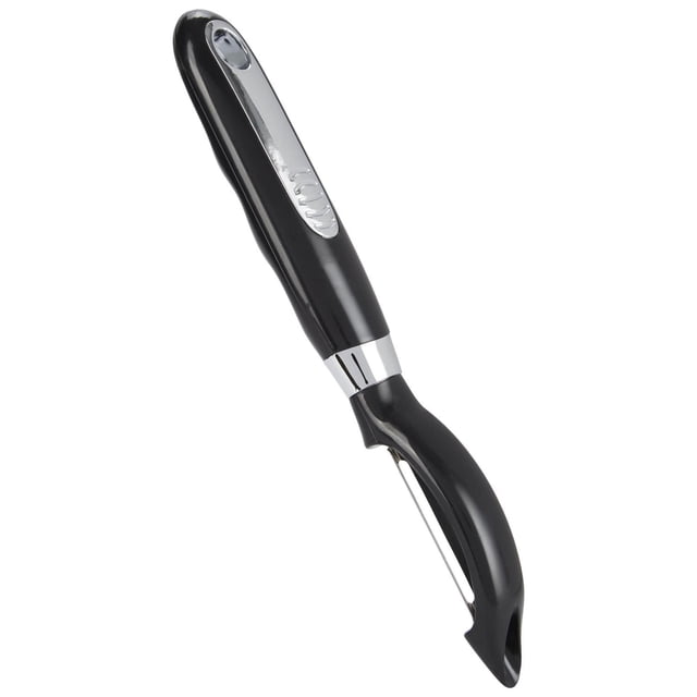Mainstays™ Vegetable Peeler with a black ergonomic handle and silver accent, featuring a swiveling stainless steel blade for precise peeling of fruits and vegetables, ideal kitchen utensil for easy food preparation.