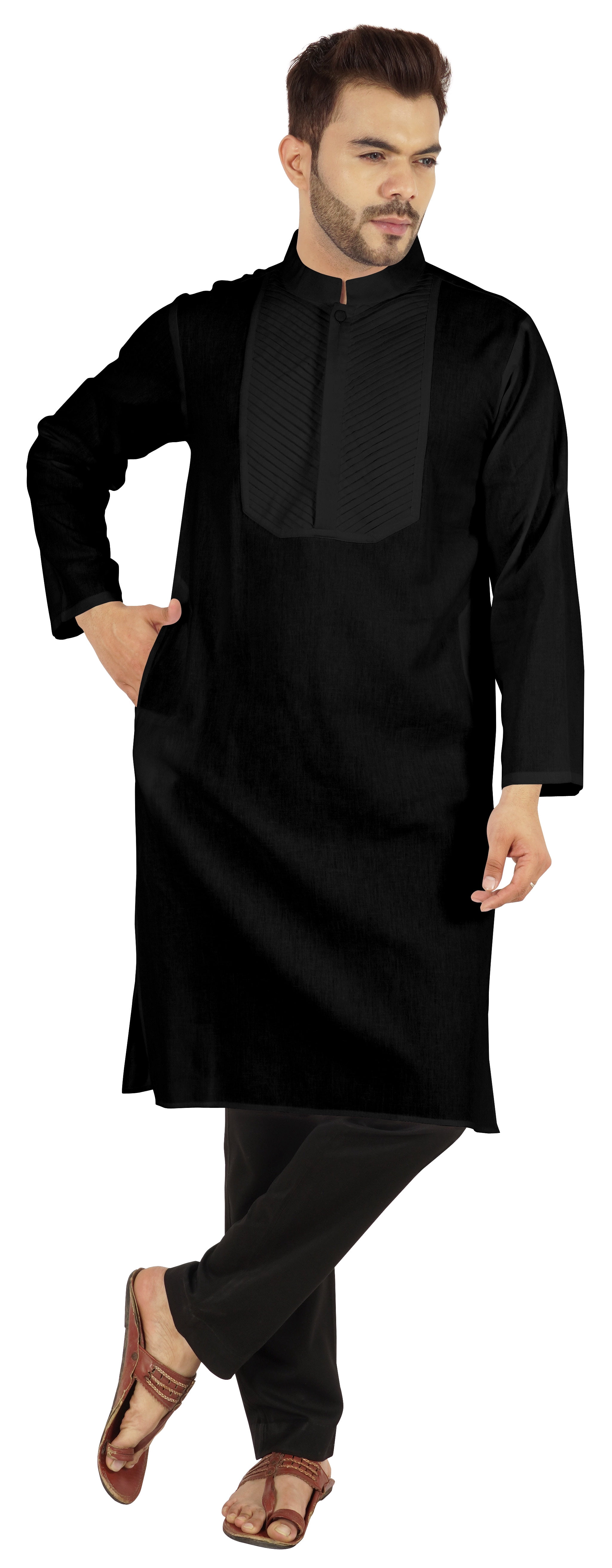 Atasi Indian Solid Kurta Pajama Set For MensMandarin Collar Casual Long-Wear Kurta
