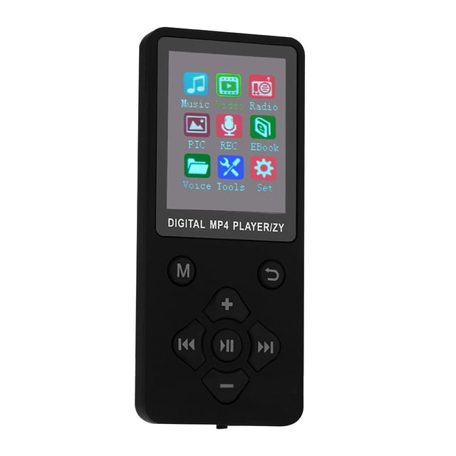 Mp3 Player with Bluetooth, model T9 Diamond button, featuring a black design with a 1.8-inch high-definition screen. The device is lightweight and portable, measuring 3.6x1.5x0.3 inches and weighing 0.15 pounds. It includes multifunctional capabilities such as music playback, FM radio, voice recording, e-book reading, and a built-in high-definition speaker. The screen displays colorful icons for various functions, and the front panel includes navigation buttons for easy control. Suitable for up to 6-8 hours of playback with a 180mA battery capacity.