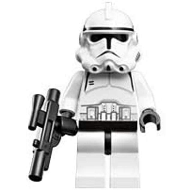 Lego Clone Trooper Star Wars Mini Figure Episode 3, a white clone trooper with finely printed details, approximately 2 inches tall, holding a standard LEGO blaster. Compatible with LEGO Star Wars sets and accessories.