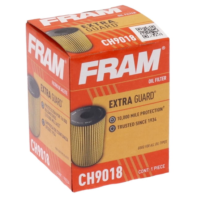 FRAM CH9018 Extra Guard Oil Filter box in orange and yellow with white FRAM logo, showing pleated cartridge oil filter image and text highlighting 10,000 mile engine protection, trusted since 1934, and suitability for all oil types.