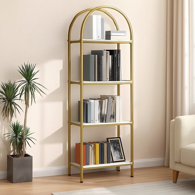 4-Tier Arched Bookshelf, Industrial Style Open Bookcase with Metal Frame, Freestanding Display Shelving Unit for Living Room, Bedroom, Office Storage