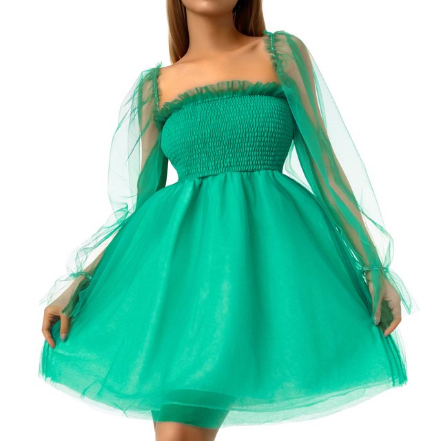 Robe Décontractée Femme Été Couleur Unie Cou Carré Longue Manche Transparente S/M/L/XL