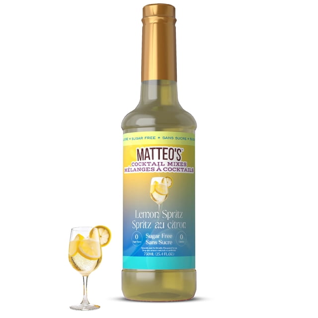 Matteo's Sugar Free Cocktail Syrup, Lemon Spritz, 750mL bottle with a gold cap and vibrant label featuring lemon imagery. This sugar-free, calorie-free cocktail mix is keto-friendly and perfect for creating refreshing lemon-flavored drinks at home or parties.