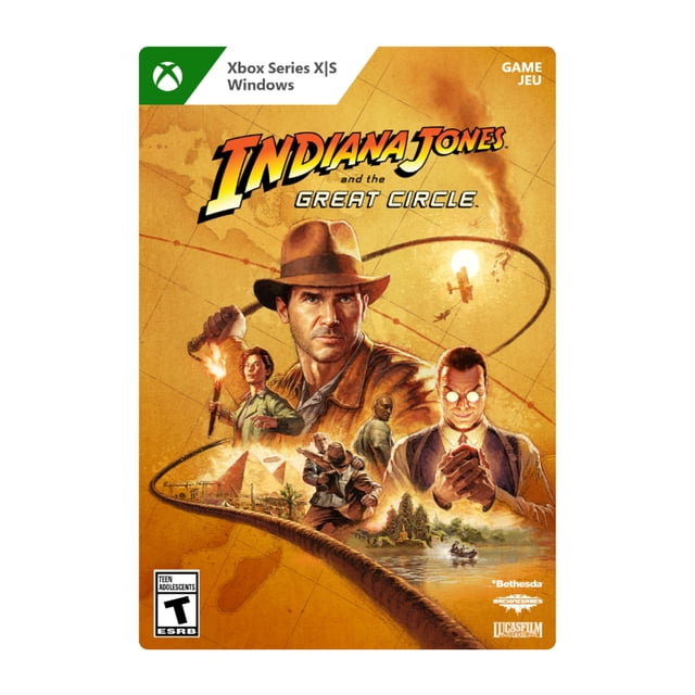 Indiana Jones and the Great Circle Xbox Series X|S Windows game cover featuring Indiana Jones in his iconic fedora and leather jacket holding a whip, surrounded by characters, pyramids, a biplane, and a river canoe on a sepia map background, emphasizing adventure and exploration.