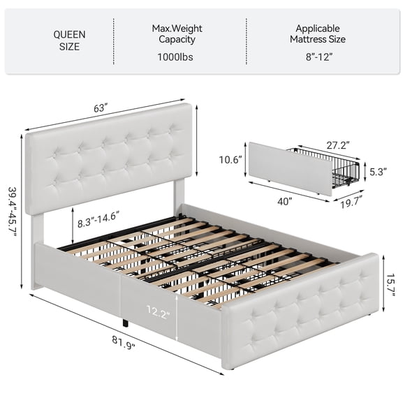 Queen Bed Frame with 4 Storage Drawers and Headboard – Faux Leather Upholstered Platform, Button Tufted, Wooden Slats, No Box Spring Needed – Light beige PU (QUEEN)