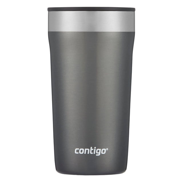 Contigo Streeterville stainless steel travel tumbler with splash-proof lid, 16 oz (473 ml) vacuum-insulated travel mug in matte grey with silver rim and nonslip base, keeps drinks hot or cold and is dishwasher-safe, suitable for coffee, tea, and iced beverages.