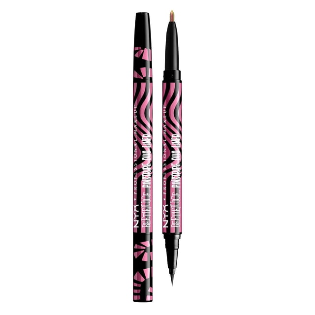Beetlejuice Pin Stripe Duo Eye Liners, Dual-ended by NYX Professional Makeup, showing one closed pen and one open with a slender black liquid liner brush tip on one end and a chrome high-payoff liner tip on the other, featuring a black and pink striped barrel, suitable for precise, long-lasting eye makeup.
