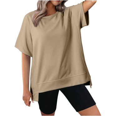 Meichang T-Shirts pour Femmes Décontractés Col Rond Manches Courtes Couleur Unie Ourlet Haut Tendance