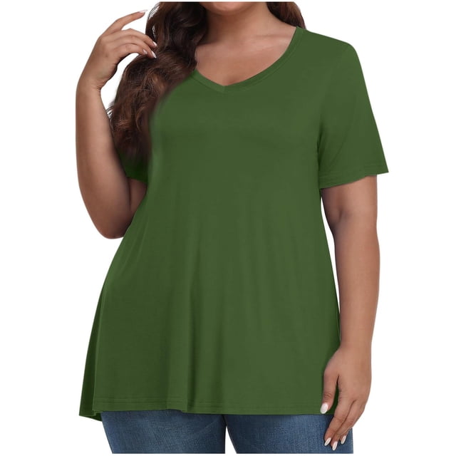 Timegard Womens Summer Tops Plus Size V-Neck Short Sleeve Comfy Long Tops Basic Tee Casual Loose Blouse