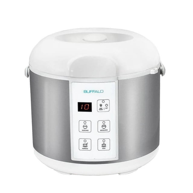 Buffalo Smart Cooker 1.8L (10 cup) rice cooker with a white plastic lid and base, stainless steel body, and front digital control panel featuring programs for white rice, brown rice, porridge, soup, and keep warm. Designed with patented Buffalo Clad for even heating and non-toxic cooking, suitable for healthy meal preparation in Canadian kitchens.