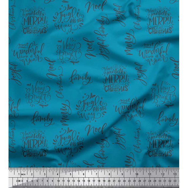 Soimoi Blue Moss Georgette Fabric Merry Christmas Text Decor Fabric Printed Yard 42 Inch Wide