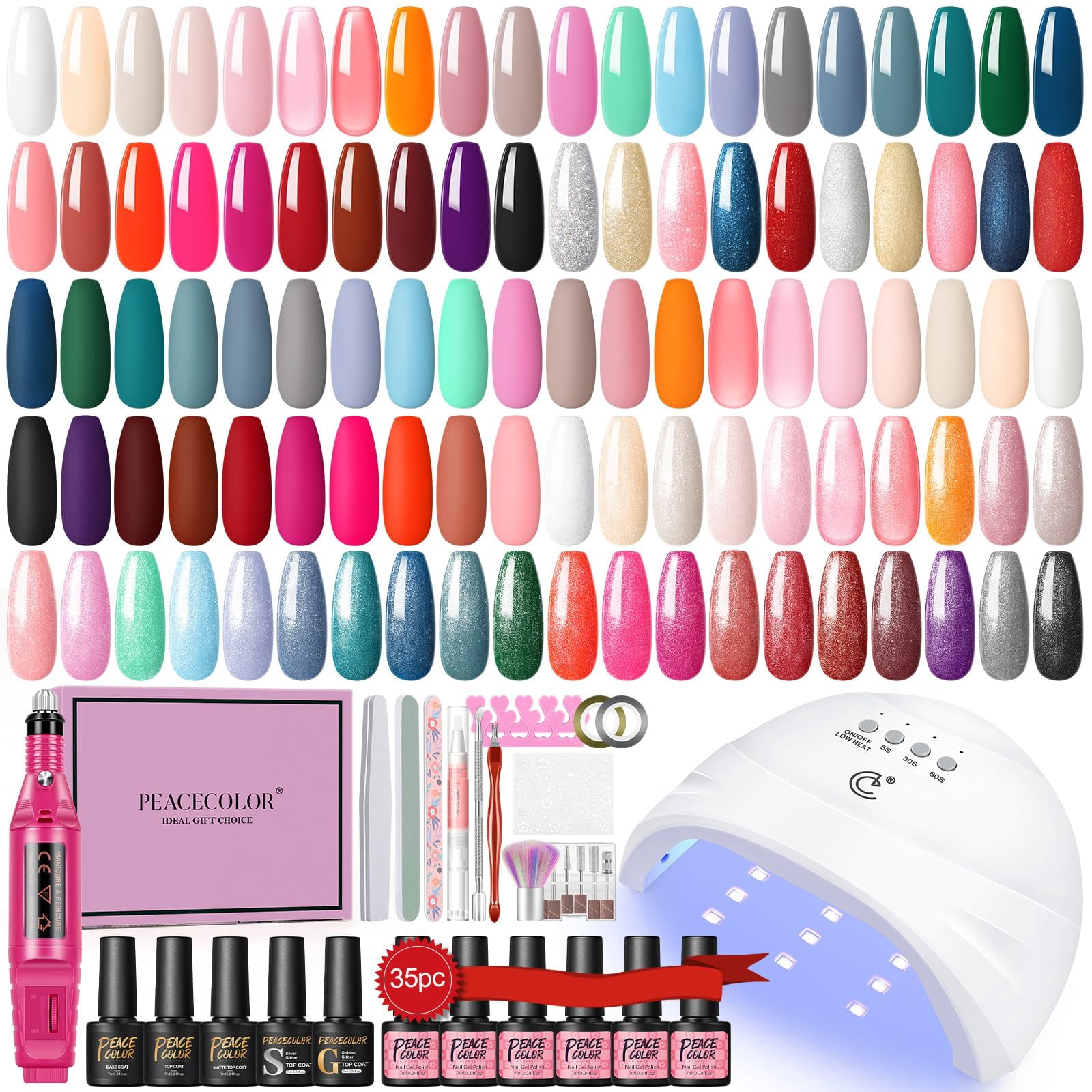 PEACECOLOR 53PCS Gel Nail Polish Kit with U V Light and Drill 35 Colors Gel Polish Nail Kit All Season Soak Off Gel Polish Set with Matte Glitter Glo