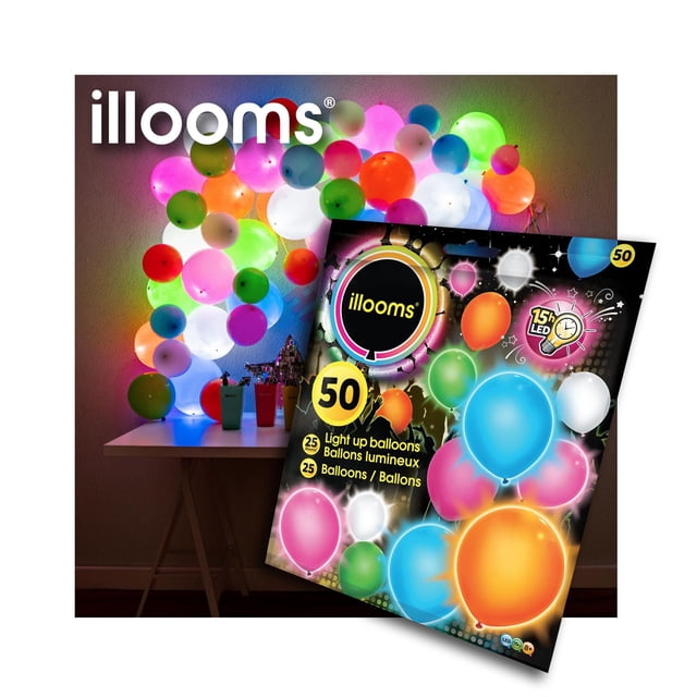 illooms Ballons à DEL Lumineux Mixtes, Lot de 50, avec 50 Ballons en latex Colorés, Dont 25 Ballons à DEL Lumineux Vert, Rose, Bleu, orange et Blanc, Affichés sur une table contre un Mur, Convenant aux Articles de Fête et aux Célébrations, avec une Durée de Lumière à DEL de 15 Heures et une activation par Languette Facile.