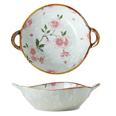 LEEYNEER Clearance!  Dinnerware Sets Pasta Bowl Dinnerware For Kitchen With Double Handles Rustic Porcelain Pasta Bowl Japanese For Cereal Pasta Ramen Salad And Soup Underglaze Print Dish