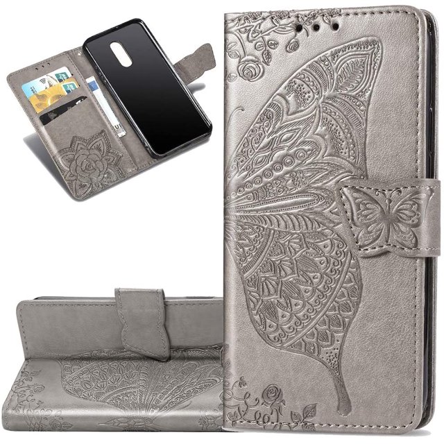 Case Premium PU Leather Flip Wallet Case Butterfly Embossed Full Body Protection Flip Stand Card Holder Magnetic Cover for iPhone 11 Pro(Gray)