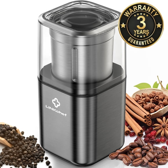 LINKChef Moulin à Café, Moulin à Grains de Café, Moulin à Épices avec Quatre Lames en Acier Inoxydable Parfait pour Grains de Café, Épices, Thé (Noir)