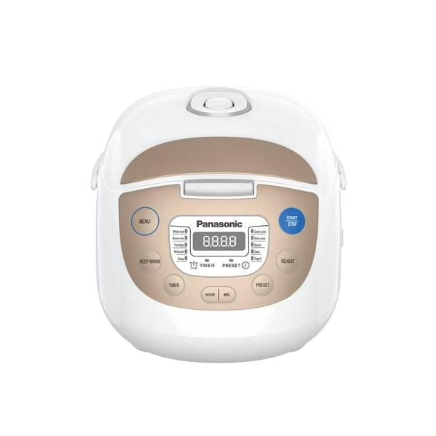 Panasonic multi-function 6-cup rice cooker SRZC123N in champagne colour, front-facing view showing digital micro controlled panel with menu, timer, preset, start/stop, keep warm, and reheat buttons on a white and champagne plastic body, ideal for cooking various rice types and maintaining warmth.