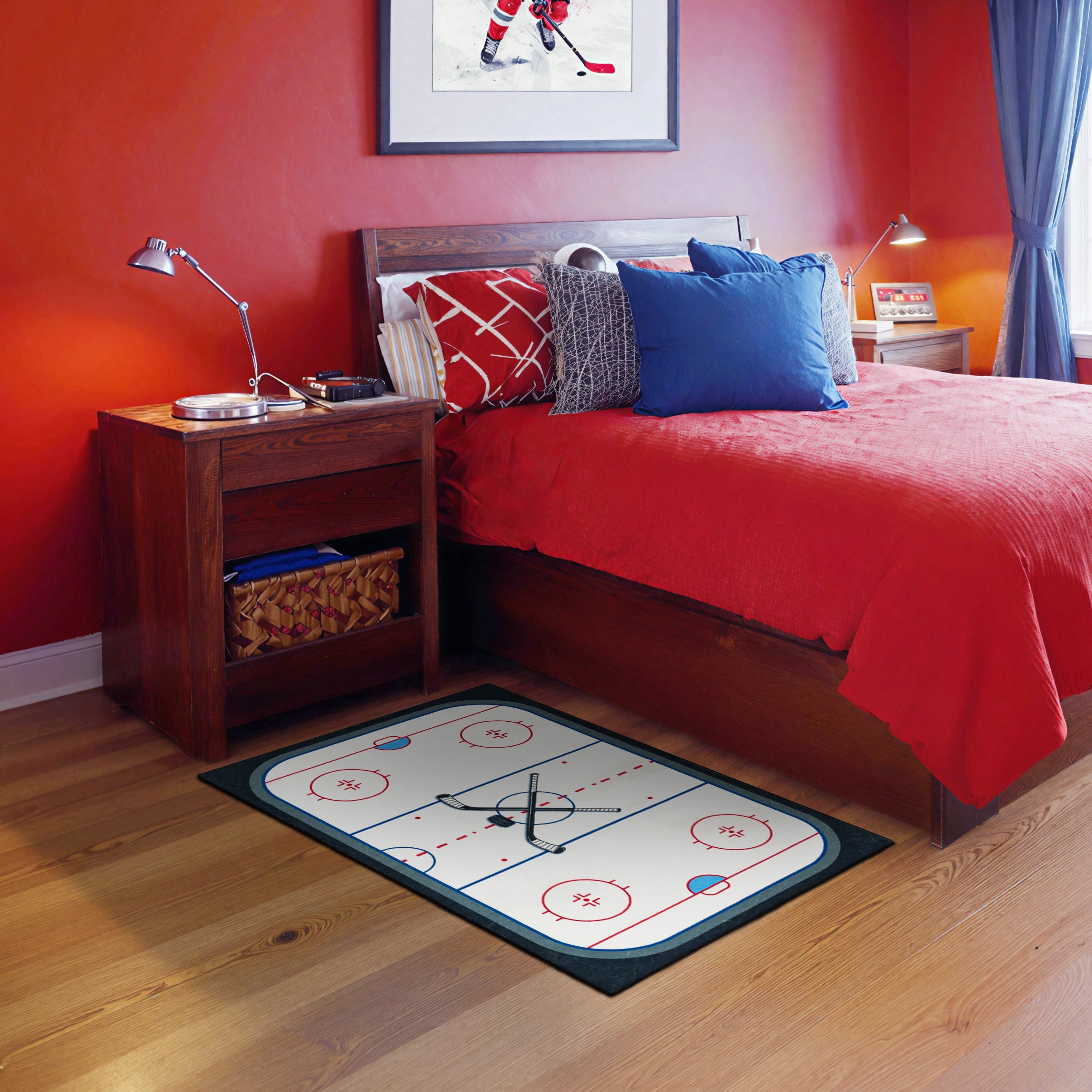 CENTER ICE Mainstays Kids Hockey Field Low Pile, Machine Washable Area Rug 36x46, Ideal for Bedroom and Play Area.