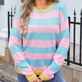 thumbnail image 2 of Chandail pour Femmes Col Rond Manches Longues Chandail Rayé Tricoté à Blocs de Couleur Hauts Chandails en Molleton pour Femmes P-166 Rose-A L, 2 of 7