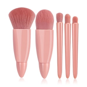 Yingyy Boîte de 5 Brosses de maquillage Poignée en plastique en fibre avec miroir Brosse de maquillage professionnel Débutant Cosmétiques Outils Voyage