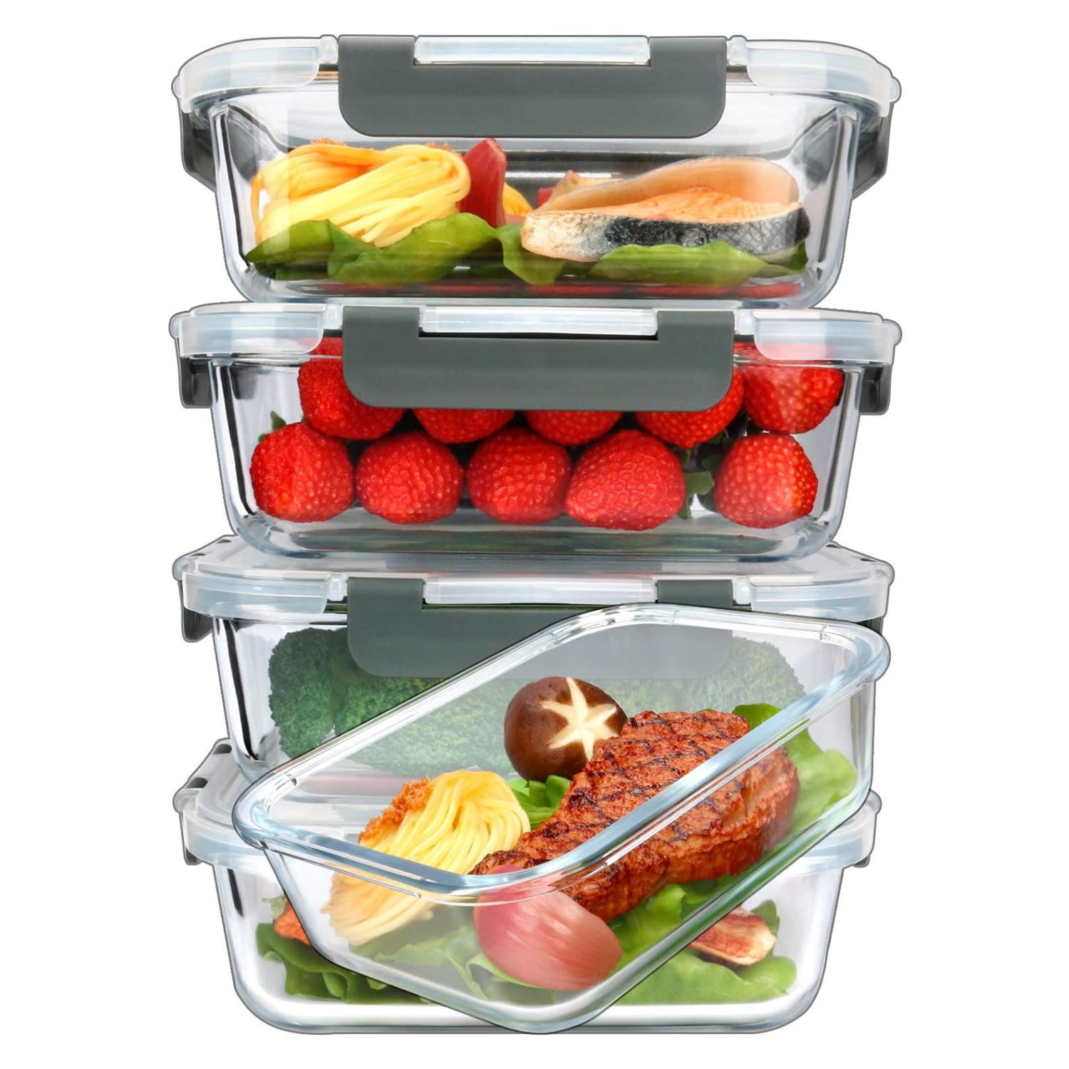 5-Pack Borosilicate Glass Meal Prep Containers (36oz) - Airtight Lids, Stackable, Microwave/Oven/Freezer/Dishwasher Safe (4.5 Cup)