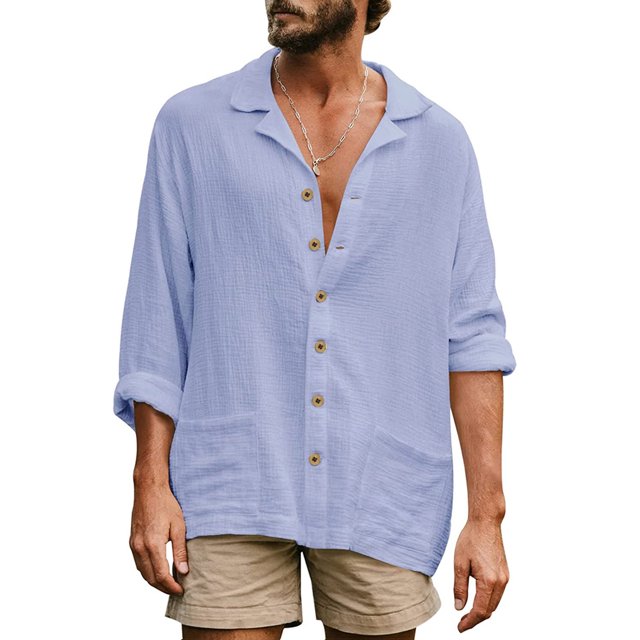 Kmbangi Men Long Sleeve Shirts Solid Color Loose Casual Button down Tops with Pockets Spring Clothes for Beach Streetwear