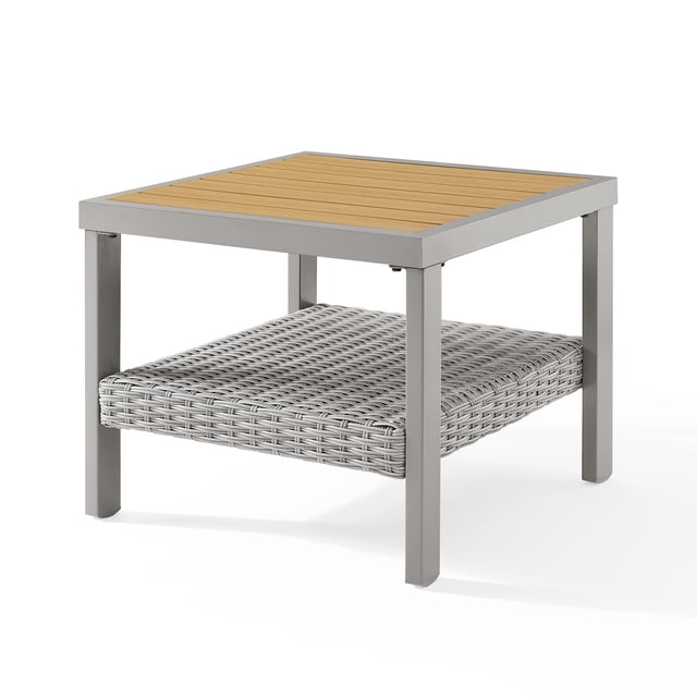 Songmics Home Sencillo Collection Table d'Appoint de Patio avec Dessus à Lattes en faux Bois beige et Tablette Inférieure en Rotin PE Synthétique Gris, Supportée par un Cadre en Acier Enduit de Poudre Gris, Conçue pour une Utilisation Extérieure sur Patio avec Rangement à Deux Niveaux.