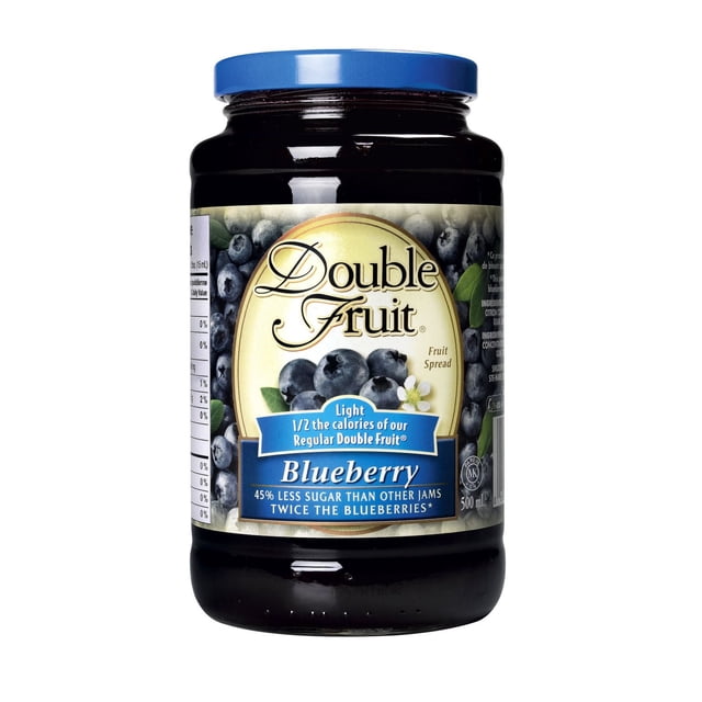 Double Fruit Light Blueberry Fruit Spread 500mL jar with blue lid, featuring a label with blueberries and text highlighting twice the blueberries and 45% less sugar than other jams, a low-calorie fruit spread suitable for toast, sandwiches, and salad dressings.