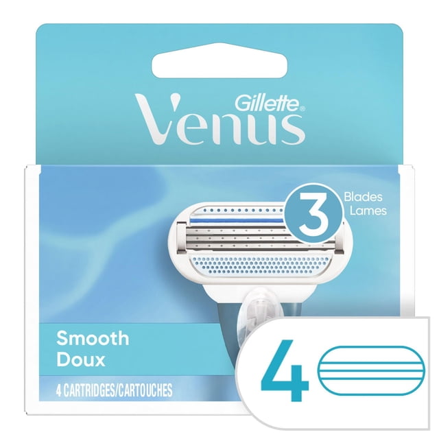 Gillette Venus Smooth Women's Razor Blade Refills pack containing four cartridges, each with three blades and blue elastomer comfort cushions, featuring a blue indicator strip that fades to signal when to replace, designed for smooth and effective shaving.