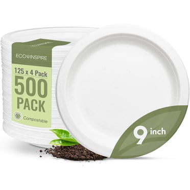 efyPack Assiettes Compostables en Canne à Sucre de 9 Pouces, Blanches