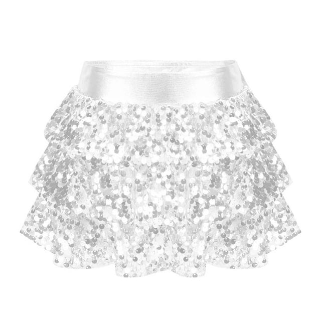 XUNZOO Girls Sequins Ruffle Layers Culottes Kids Shiny Hip Hop Samba Skirt with Shorts Latin Mini Silver 10