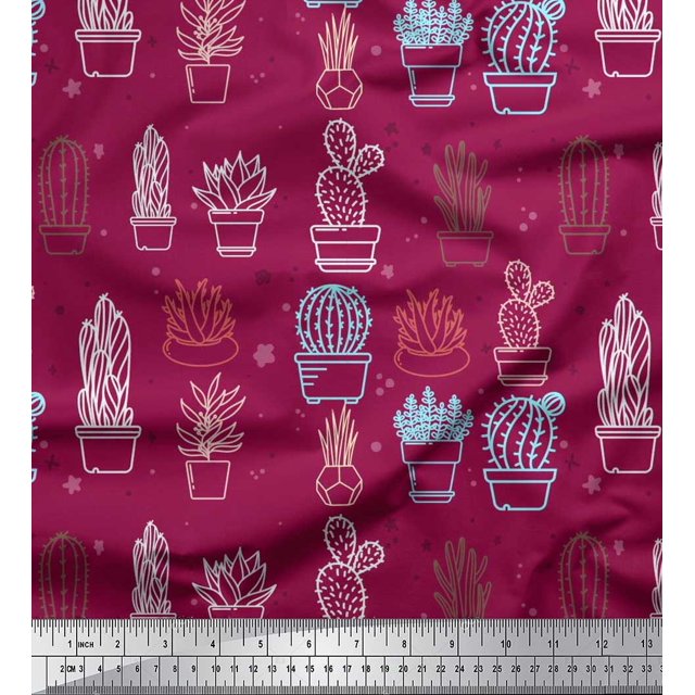 Soimoi Satin Silk Fabric Dot & Cactus Tree Print Sewing Fabric Yard 42 Inch Wide