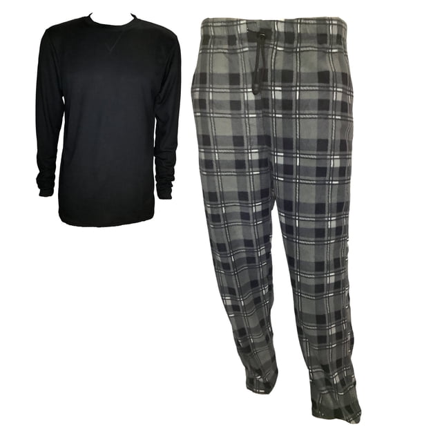 Men's Pajama Sets One Solid Top & One Plaid Bottom With Pockets by Omega Apparel. This 2-piece set includes a long-sleeve black solid top and grey plaid bottoms with an elastic waistband and drawstring. Made from 100% polyester, the pajama set is designed for comfort and features functional pockets. Suitable for lounging or sleeping.