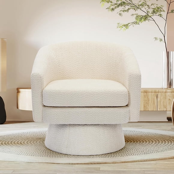 Eastvita Beige Chenille Swivel Chair with Wood Frame Storage Space for Living Room