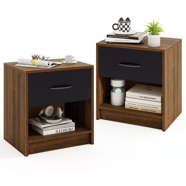 Gymax Table de Chevet 2 Pcs avec Tiroir Table d'Appoint avec Tiroir Coulissant Étagère de Rangement Ouverte Brun