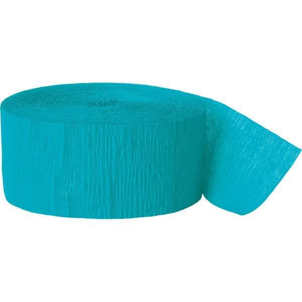 Teal Crepe Streamer, 81 ft roll of textured crepe paper in teal, partially unrolled on white background, ideal for party decorations, ceiling drapes, photo backdrops, and crafting projects.