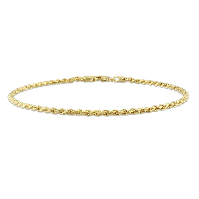 Miabella 18K Yellow Gold Plated Sterling Silver Rope Chain Anklet in a close-up front view, featuring a 9-inch polished yellow gold plated sterling silver rope chain with 2.2mm width and lobster clasp, crafted in Italy, suitable for elegant everyday wear and often used as a delicate ankle accessory.