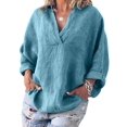 thumbnail image 1 of MAWCLOS Femmes Blouse V Col Chemises Manches Longues Tops Lâches Plage Couleur Unie Pull Bleu M, 1 of 2