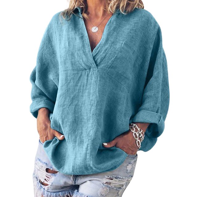 MAWCLOS Femmes Blouse V Col Chemises Manches Longues Tops Lâches Plage Couleur Unie Pull Bleu M