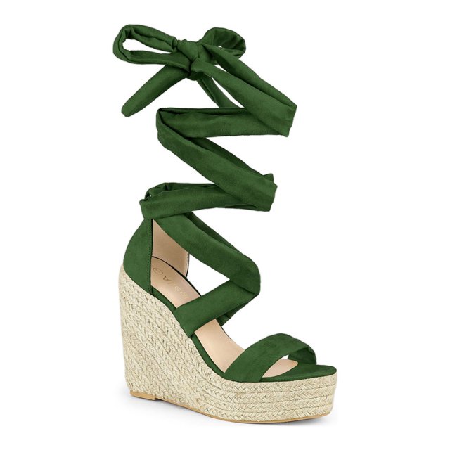 BLISSFUL STEP Sandales pour Femmes en Faux Suède à Plateforme Compensée à Lacets à Bout Ouvert Vert 6