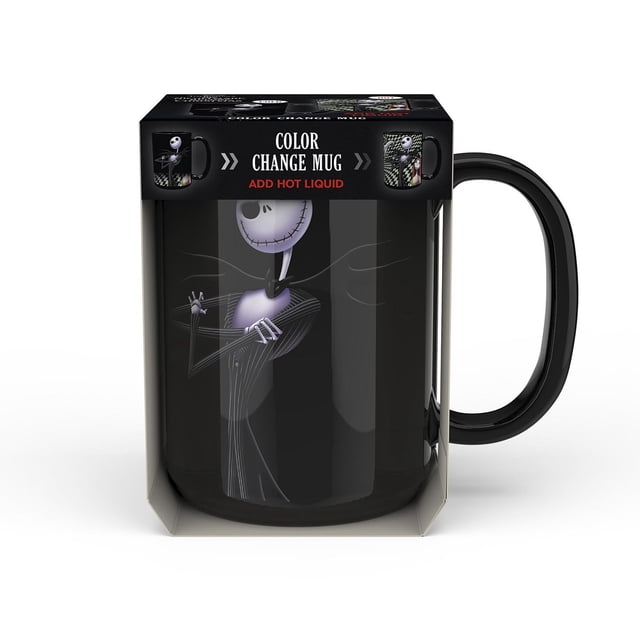Zak Designs The Nightmare Before Christmas 15oz Colour Change Mug in black ceramic featuring Jack Skellington artwork that changes color with hot liquid. This Christmas mug is ideal for coffee, tea, or cocoa and is dishwasher safe, making it a festive gift choice.