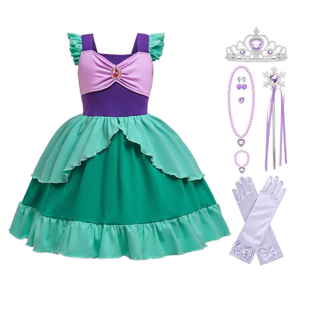 Mermaid Déguisement pour Filles Robe de Princesse avec Couronne et Bijoux