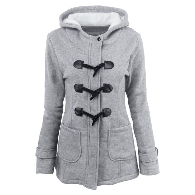 Fiogavroetic Women Color Horn Buttons Cardigan Padded Hooded Coat Jacket Overcoat