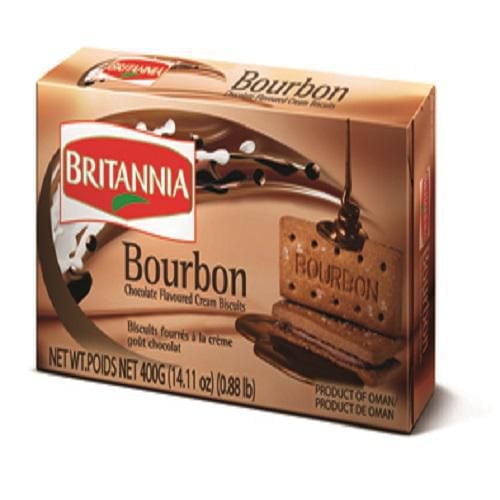Britannia Boîte de biscuits à la Crème Bourbon Affichant des biscuits à la Crème Aromatisés au Chocolat avec une Épaisse Garniture de Crème au Chocolat entre Deux biscuits au Chocolat Croquants Nappés de Cristaux de Sucre, Accompagnés de Graphiques de Chocolat Tourbillonnant et de Éclaboussures de Lait, Poids net 400 g (14,11 oz), Produit d'Oman.