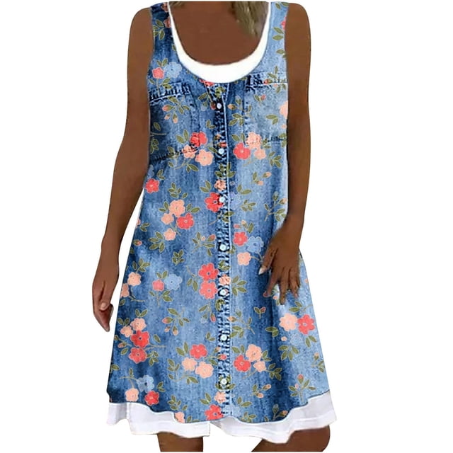 Pisexur Robe en Denim Aguichant pour Femme Sans Manches à Col en V, Robe Midi à Fleurs, Décontractée, Fente Latérale, Robe-Chemise en Jean