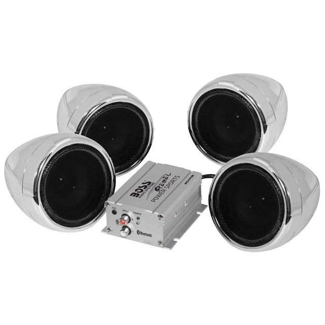 BOSS Audio MC470B 1000 Watt Waterproof All Terrain Bluetooth Speaker/Amplifier with four chrome 3-inch full-range speakers and a compact amplifier featuring integrated Bluetooth and aux input. Ideal for motorcycles, scooters, and ATVs, it includes adjustable mounting brackets for handlebars up to 1.25 inches. Weatherproof materials ensure durability in harsh conditions, making it a great addition to car audio accessories.